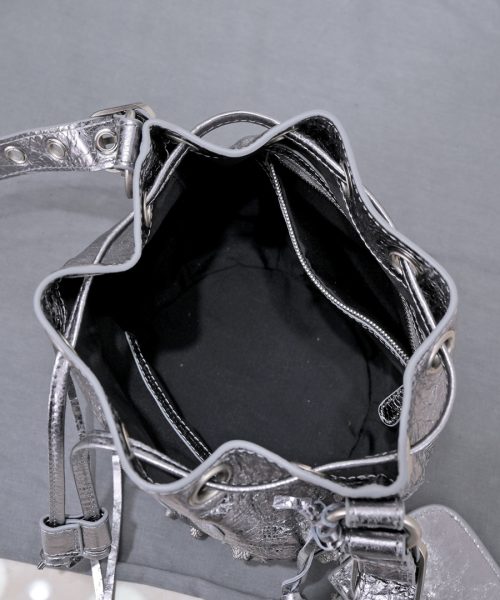 Le Cagole Xs Bucket Bag Metallized With Rhinestones In Gold Tone/Sliver Tone/Grey For Women 7.8in/20 cm