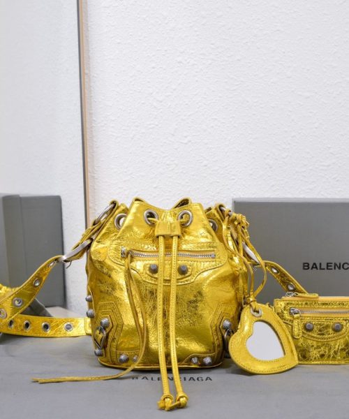 Le Cagole Xs Bucket Bag Metallized With Rhinestones In Gold Tone/Sliver Tone/Grey For Women 7.8in/20 cm