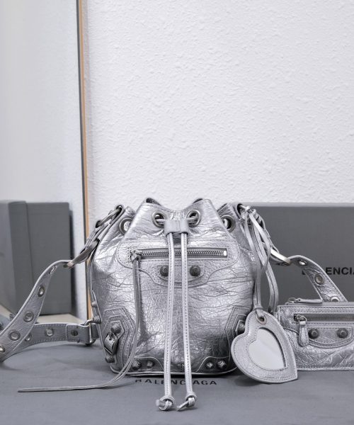 Le Cagole Xs Bucket Bag Metallized With Rhinestones In Gold Tone/Sliver Tone/Grey For Women 7.8in/20 cm