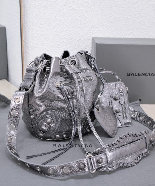 Le Cagole Xs Bucket Bag Metallized With Rhinestones In Gold Tone/Sliver Tone/Grey For Women 7.8in/20 cm