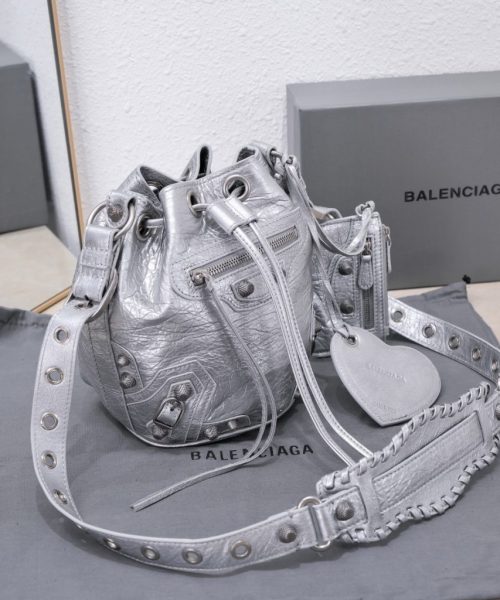 Le Cagole Xs Bucket Bag Metallized With Rhinestones In Gold Tone/Sliver Tone/Grey For Women 7.8in/20 cm