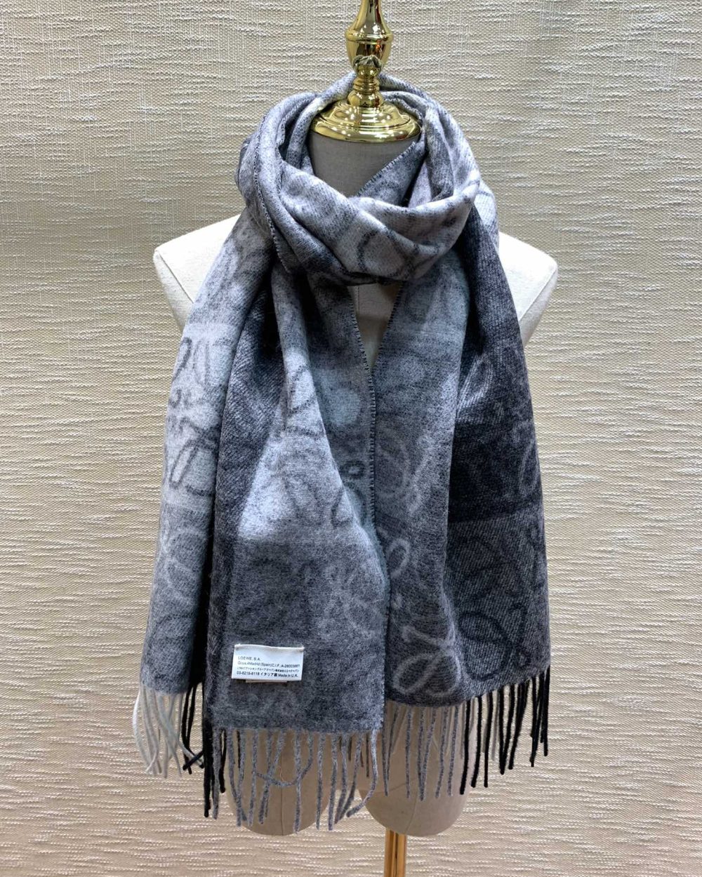 Loewe Anagram In Wool And Cashmere Navy Blue Scarf 180cm/71in