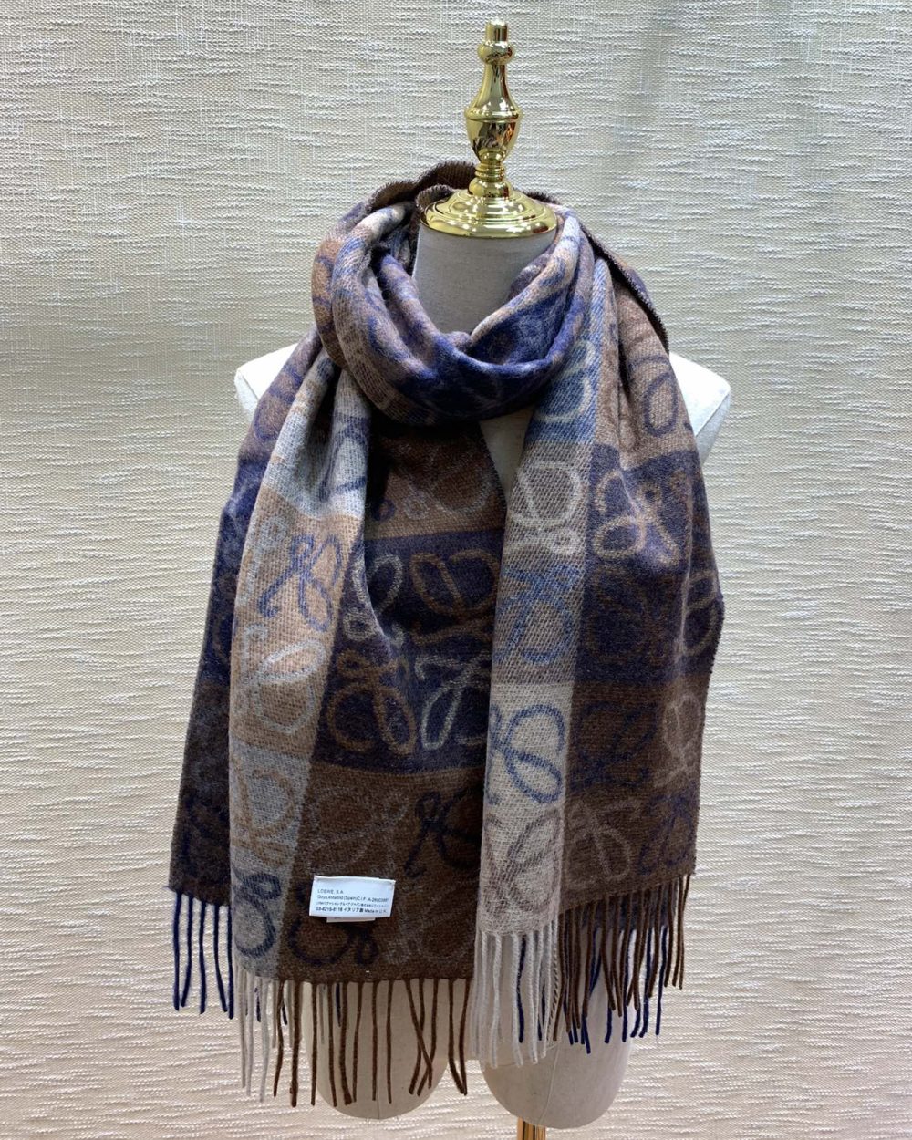 Loewe Anagram In Wool And Cashmere Navy/Brown Scarf 180cm/71in 0010478220