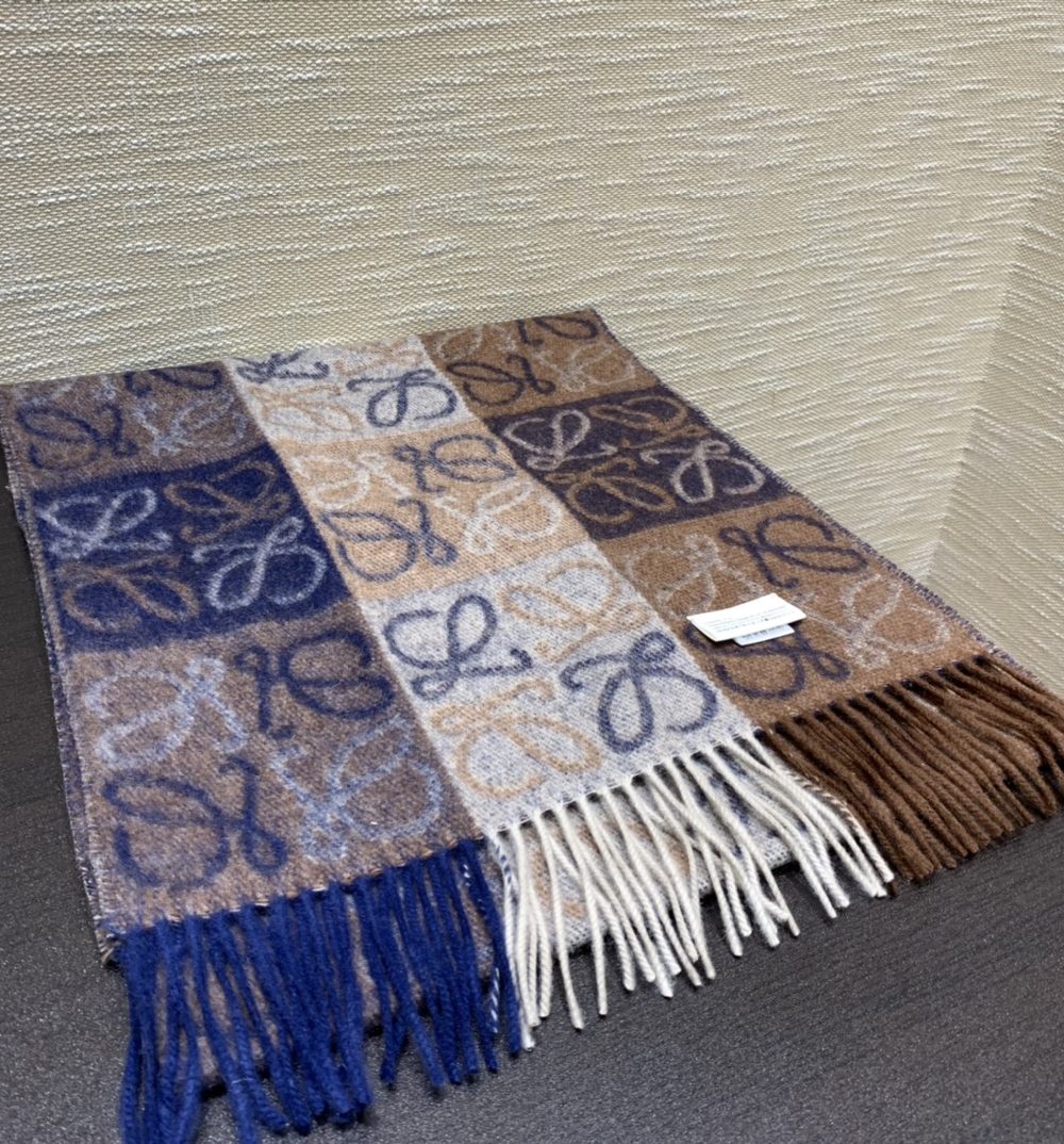 Loewe Anagram In Wool And Cashmere Navy/Brown Scarf 180cm/71in 0010478220