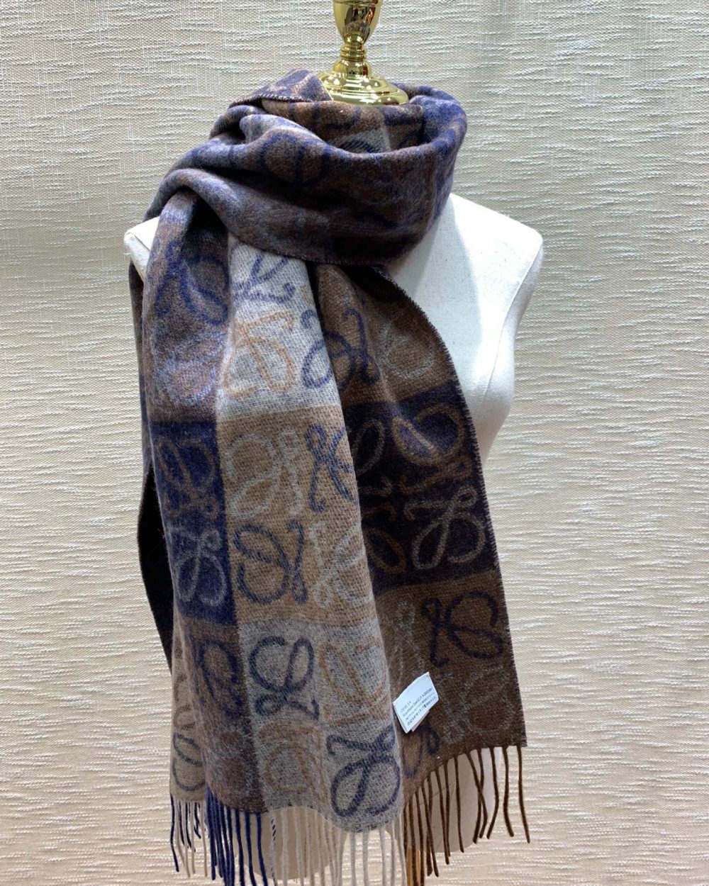 Loewe Anagram In Wool And Cashmere Navy/Brown Scarf 180cm/71in 0010478220