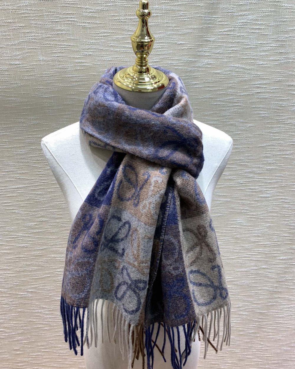 Loewe Anagram In Wool And Cashmere Navy/Brown Scarf 180cm/71in 0010478220