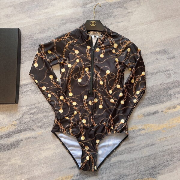 Long Sleeve One Piece Bathing Suit With Zipper Brown For Women