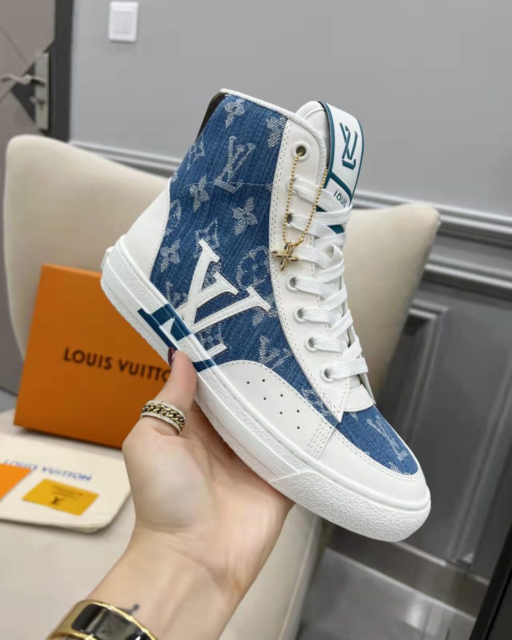 Louis Vuitton Charlie Sneaker Boot Monogram Denim Blue For Women LV 1AA47H