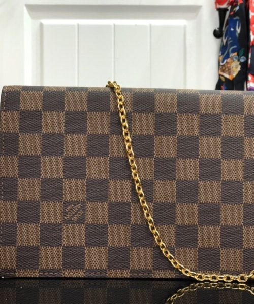 1:1 Replica Louis Vuitton Croisette Chain Wallet Damier Ebene Canvas Magnolia Pink For Women, Women's Wallet 8.3in/21cm LV N60287