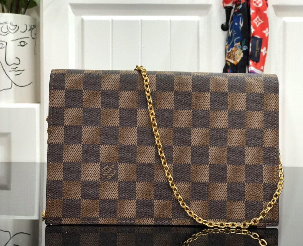 1:1 Replica Louis Vuitton Croisette Chain Wallet Damier Ebene Canvas Magnolia Pink For Women, Women's Wallet 8.3in/21cm LV N60287