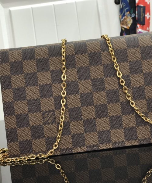 1:1 Replica Louis Vuitton Croisette Chain Wallet Damier Ebene Canvas Scarlet Red For Women, Women's Wallet 8.3in/21cm LV N60288