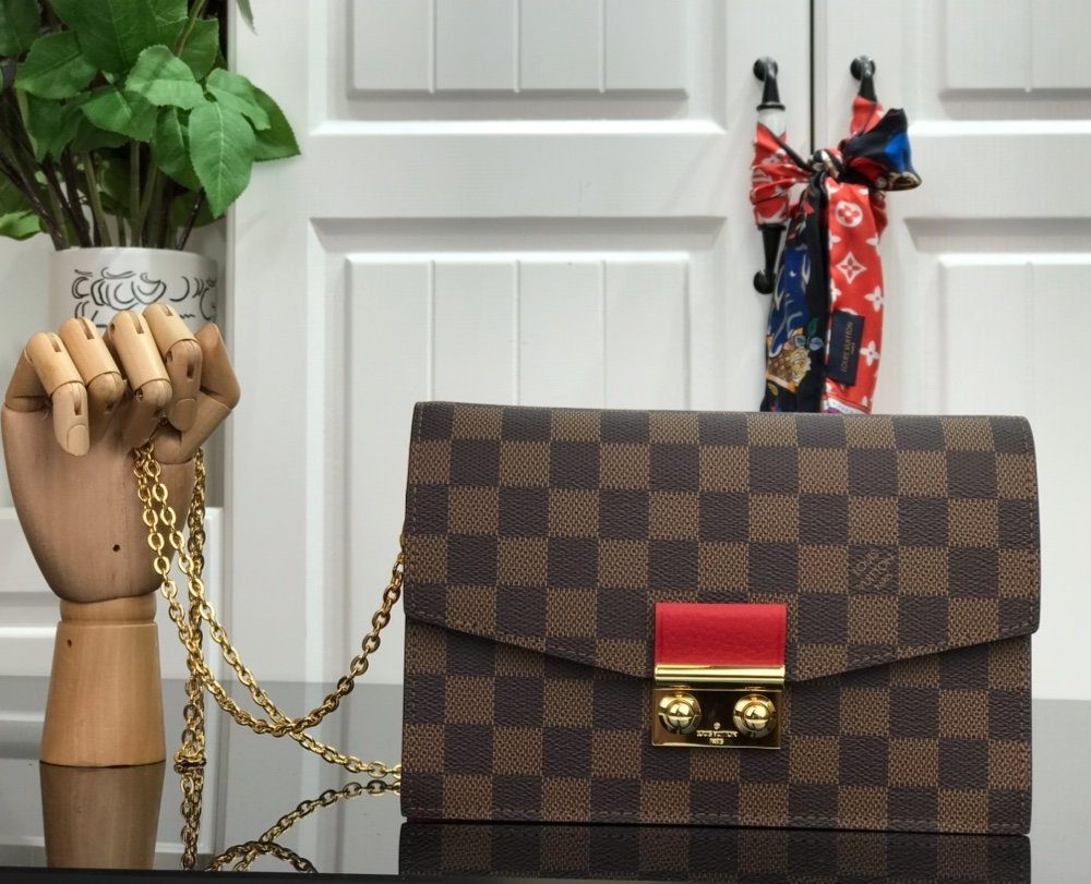 1:1 Replica Louis Vuitton Croisette Chain Wallet Damier Ebene Canvas Scarlet Red For Women, Women's Wallet 8.3in/21cm LV N60288