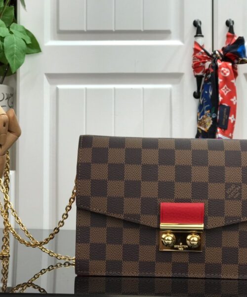 Louis Vuitton Croisette Chain Wallet Damier Ebene Canvas Scarlet Red For Women, Women's Wallet 8.3in/21cm LV N60288
