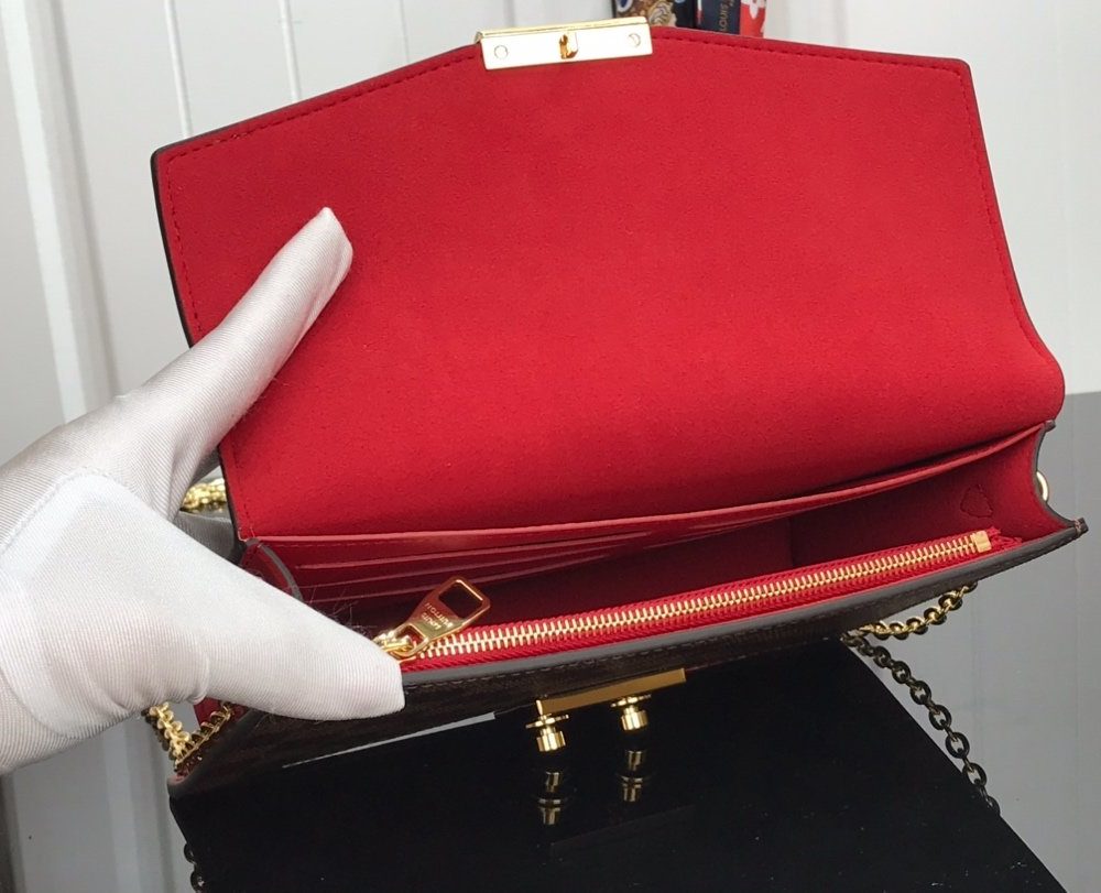 1:1 Replica Louis Vuitton Croisette Chain Wallet Damier Ebene Canvas Scarlet Red For Women, Women's Wallet 8.3in/21cm LV N60288