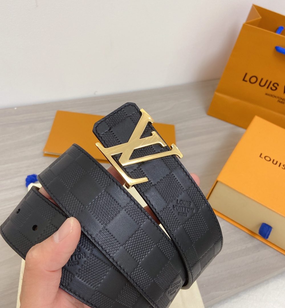 1:1 Replica Louis Vuitton Initiales LV Belt in Damier Embossed with Gold Toned Hardware LV Women Belt LV