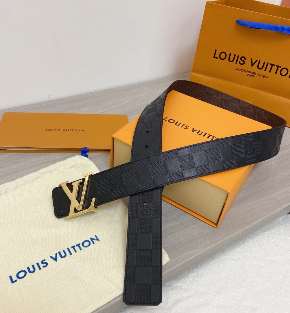 1:1 Replica Louis Vuitton Initiales LV Belt in Damier Embossed with Gold Toned Hardware LV Women Belt LV