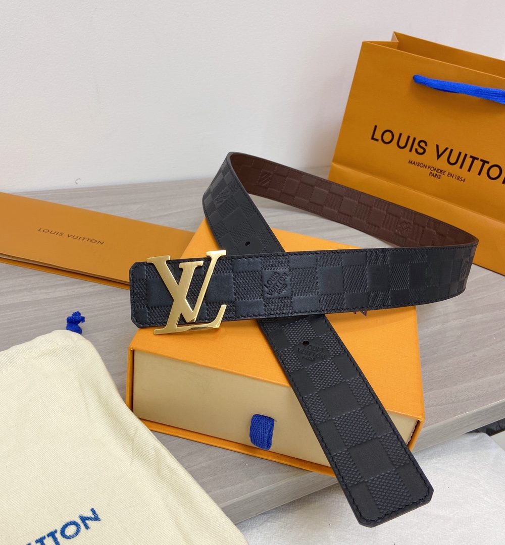 1:1 Replica Louis Vuitton Initiales LV Belt in Damier Embossed with Gold Toned Hardware LV Women Belt LV