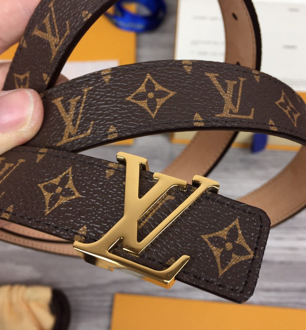 1:1 Replica Louis Vuitton Initiales LV Belt Monogram Canvas Brown With Gold Metal Buckle LV Women Belt