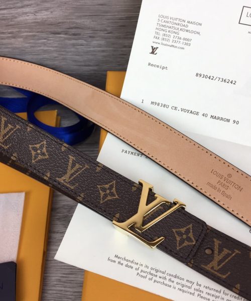 1:1 Replica Louis Vuitton Initiales LV Belt Monogram Canvas Brown With Gold Metal Buckle LV Women Belt