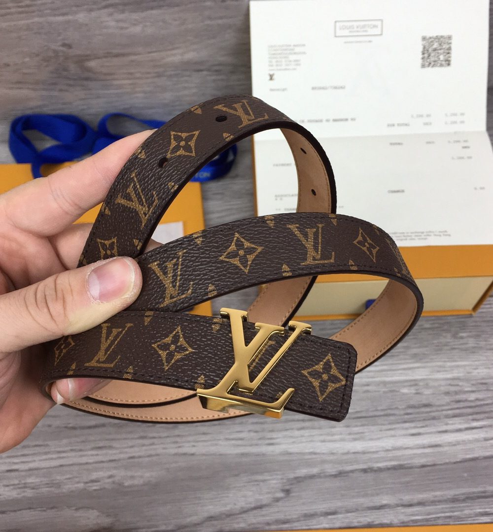 1:1 Replica Louis Vuitton Initiales LV Belt Monogram Canvas Brown With Gold Metal Buckle LV Women Belt