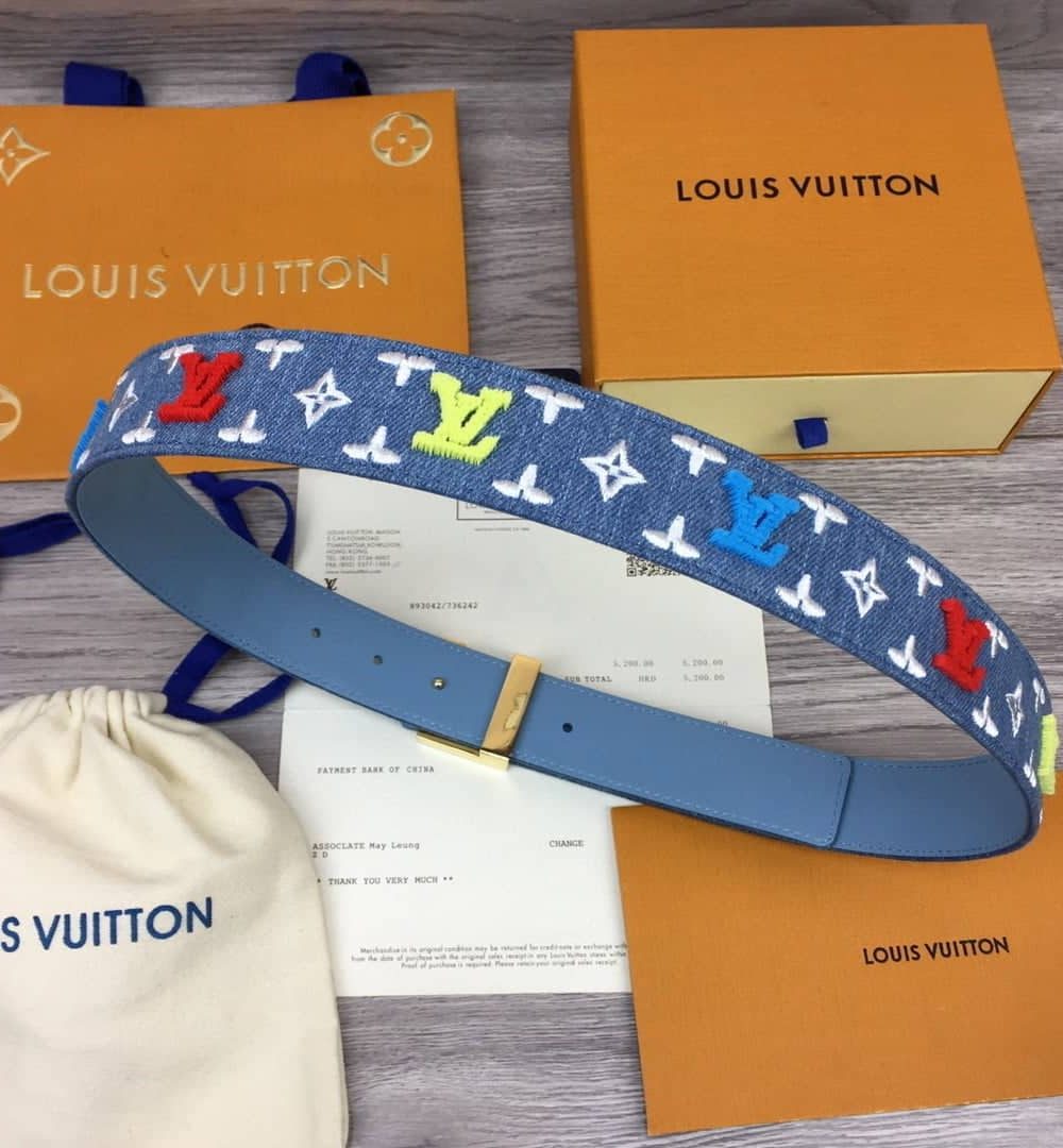 1:1 Replica Louis Vuitton Initiales Reversible Belt Monogram Denim Gold Toned Hardware LV Women Belt