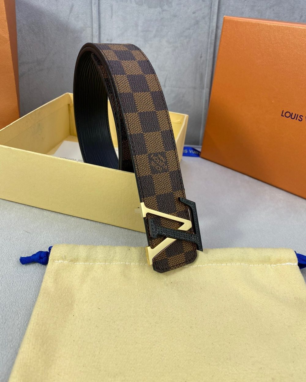 1:1 Replica Louis Vuitton Initiales Reversible LV Belt Damier Ebene Canvas with Black/Gold Toned Hardware LV Women Belt