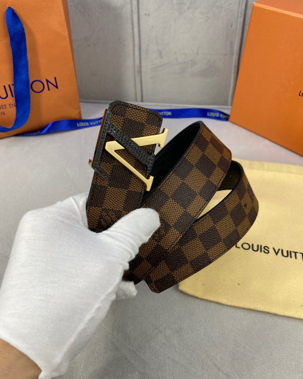 1:1 Replica Louis Vuitton Initiales Reversible LV Belt Damier Ebene Canvas with Black/Gold Toned Hardware LV Women Belt