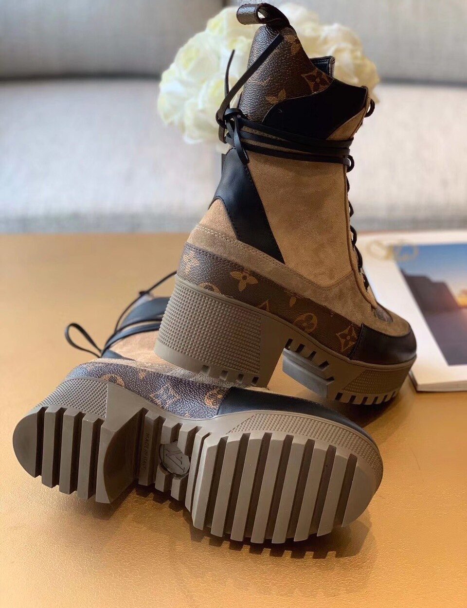 Louis Vuitton Laureate Desert Boot Patent Monogram Material Brown For Women LV 1A4XYE