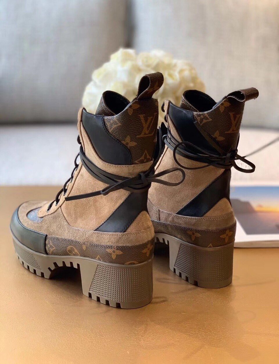 Louis Vuitton Laureate Desert Boot Patent Monogram Material Brown For Women LV 1A4XYE