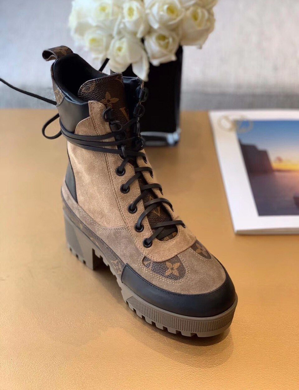 Louis Vuitton Laureate Desert Boot Patent Monogram Material Brown For Women LV 1A4XYE