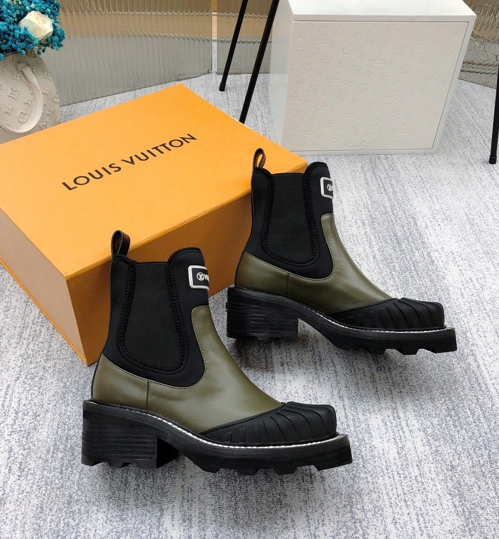 Louis Vuitton LV Beaubourg Ankle Boot Neoprene Khaki Green For Women LV 1A9GYT