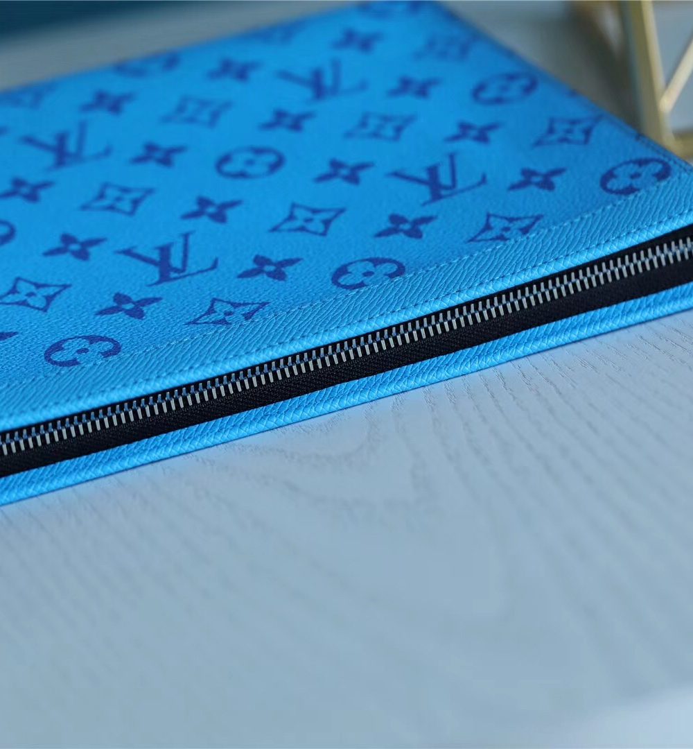 1:1 Replica Louis Vuitton Pochette Voyage MM Taiga and Monogram Eclipse Canvas Blue For Women, Women's Wallets 10.6in/27cm LV