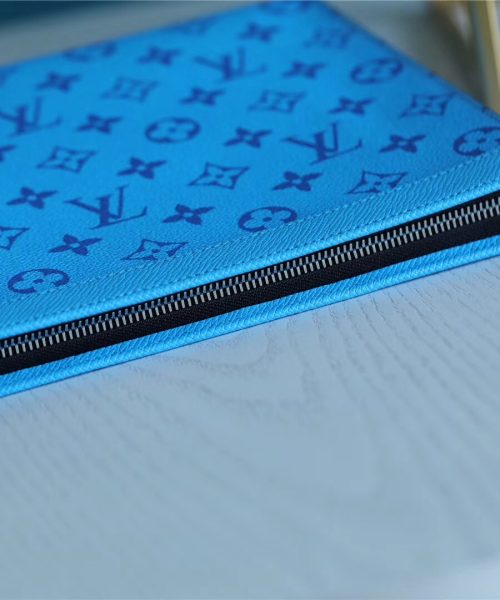 1:1 Replica Louis Vuitton Pochette Voyage MM Taiga and Monogram Eclipse Canvas Blue For Women, Women's Wallets 10.6in/27cm LV