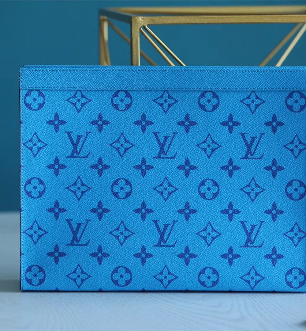 1:1 Replica Louis Vuitton Pochette Voyage MM Taiga and Monogram Eclipse Canvas Blue For Women, Women's Wallets 10.6in/27cm LV