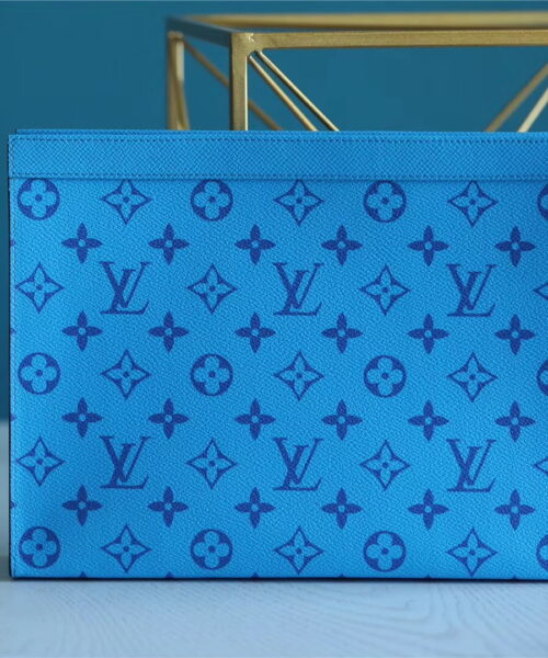 Louis Vuitton Pochette Voyage MM Taiga and Monogram Eclipse Canvas Blue For Women, Women's Wallets 10.6in/27cm LV