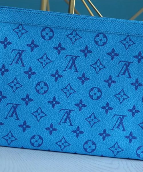 1:1 Replica Louis Vuitton Pochette Voyage MM Taiga and Monogram Eclipse Canvas Blue For Women, Women's Wallets 10.6in/27cm LV