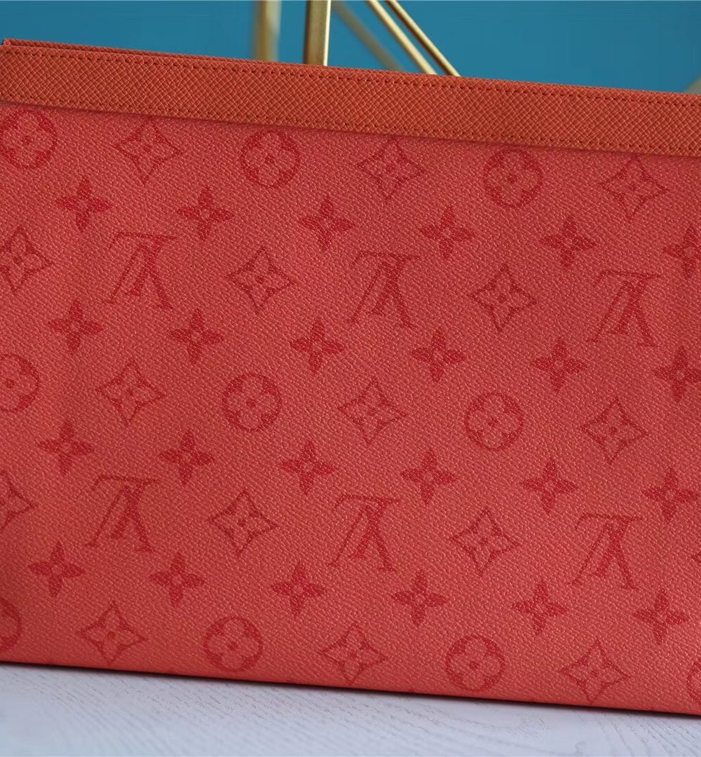 1:1 Replica Louis Vuitton Pochette Voyage MM Taiga and Monogram Eclipse Canvas Red For Women, Women's Wallets 10.6in/27cm LV