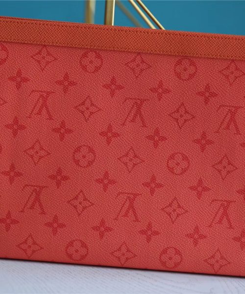 1:1 Replica Louis Vuitton Pochette Voyage MM Taiga and Monogram Eclipse Canvas Red For Women, Women's Wallets 10.6in/27cm LV