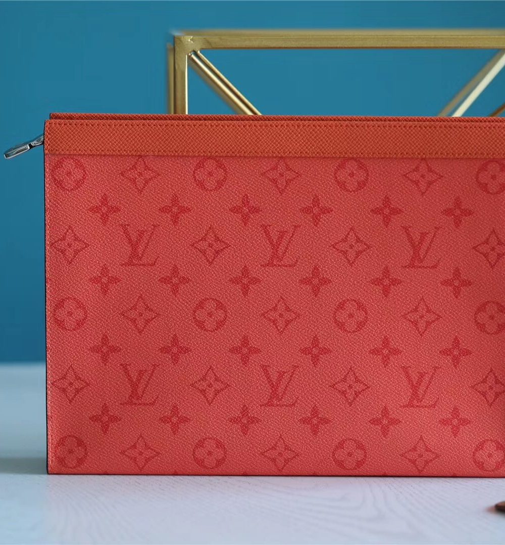 1:1 Replica Louis Vuitton Pochette Voyage MM Taiga and Monogram Eclipse Canvas Red For Women, Women's Wallets 10.6in/27cm LV