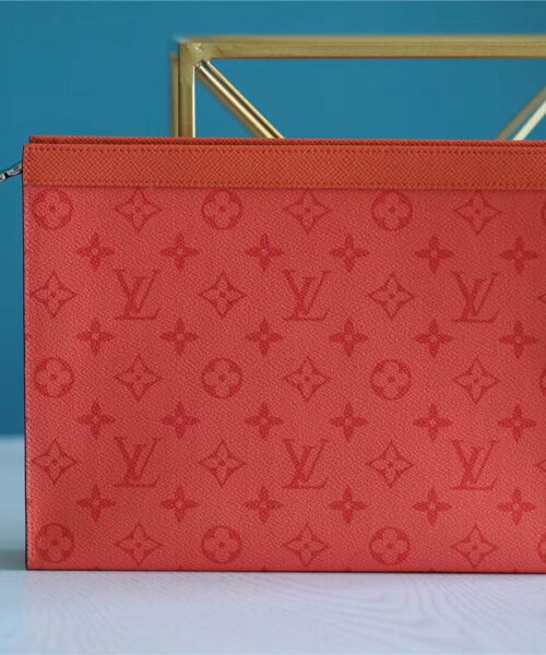 Louis Vuitton Pochette Voyage MM Taiga and Monogram Eclipse Canvas Red For Women, Women's Wallets 10.6in/27cm LV