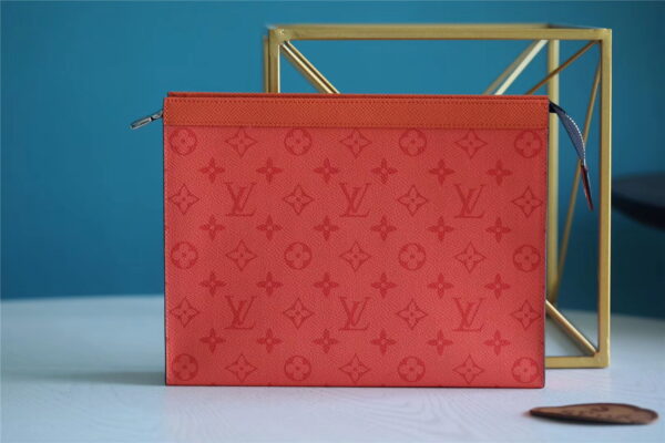 Louis Vuitton Pochette Voyage MM Taiga and Monogram Eclipse Canvas Red For Women, Women's Wallets 10.6in/27cm LV