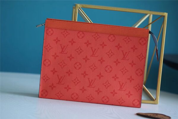 Louis Vuitton Pochette Voyage MM Taiga and Monogram Eclipse Canvas Red For Women, Women's Wallets 10.6in/27cm LV