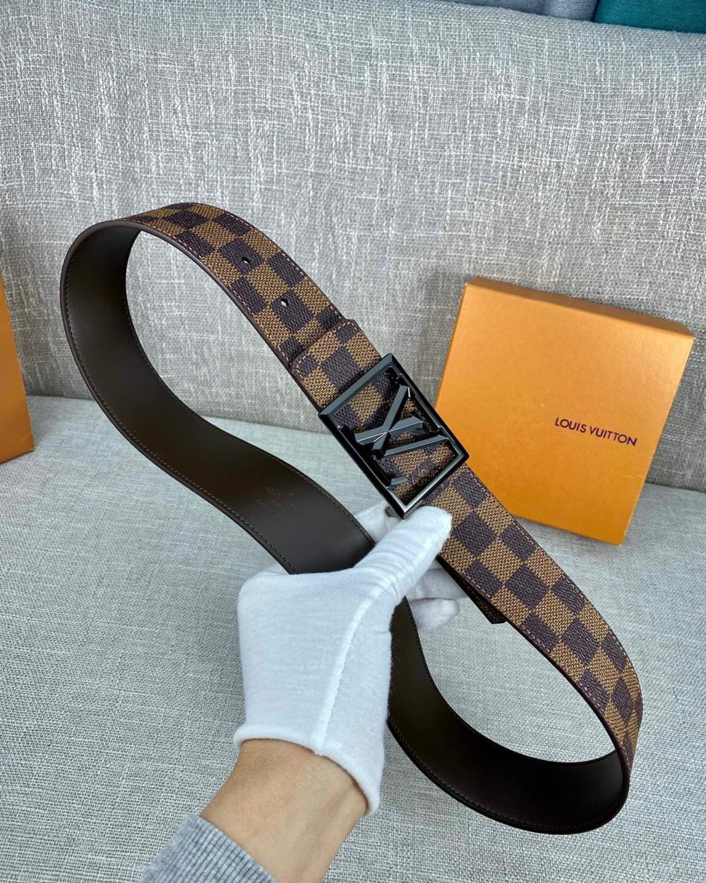 1:1 Replica Louis Vuitton Pyramide Frame Initiales Reversible LV Belt Damier Cobalt Brown Canvas LV Women Belt