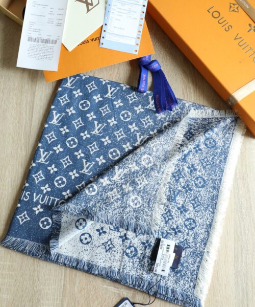 Louis Vuitton Silk Wool Square Navy Blue Scarf 140cm/55in 