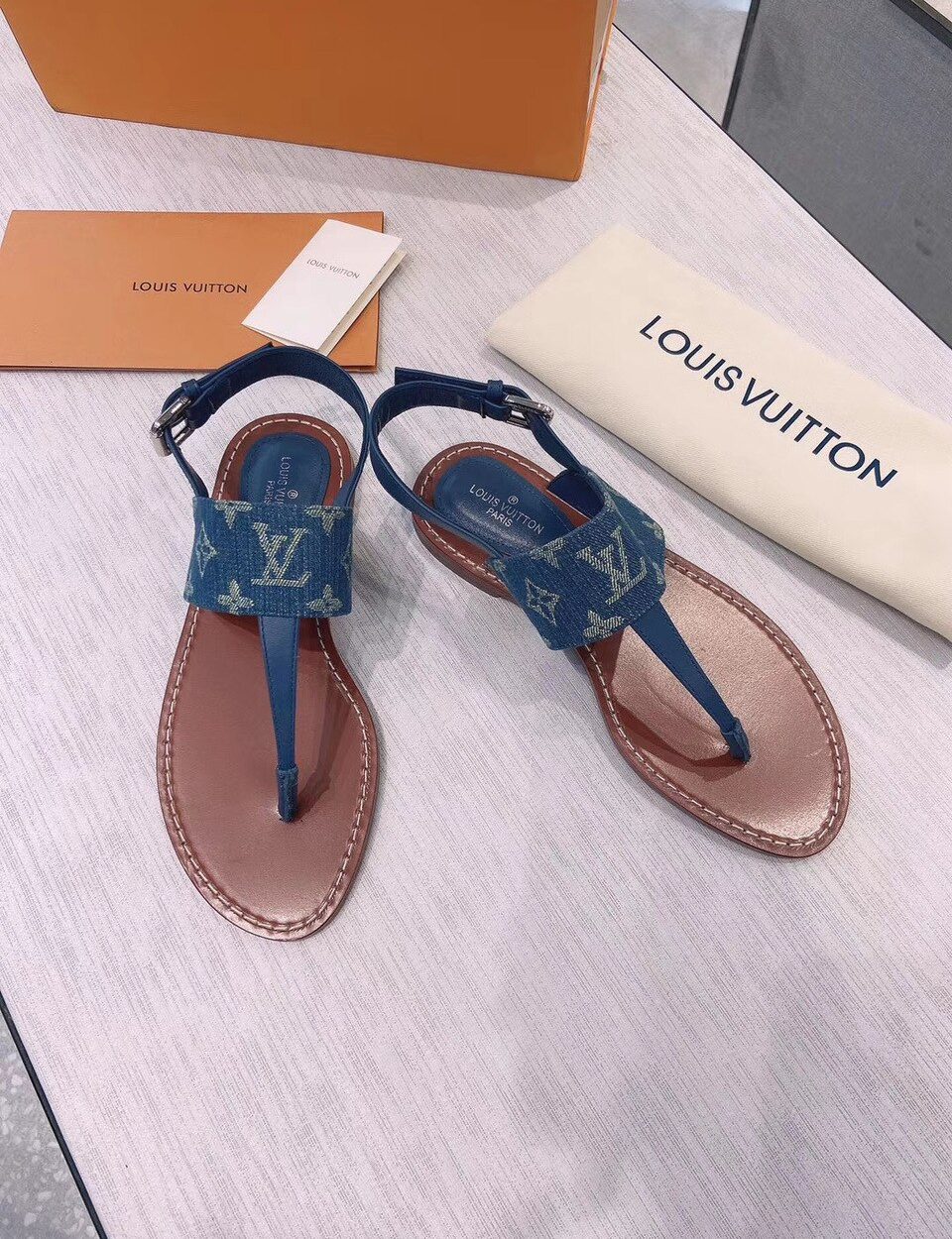 Louis Vuitton Starboard Flat Thong Sandal Monogram Denim Blue For Women LV 1A7RDP