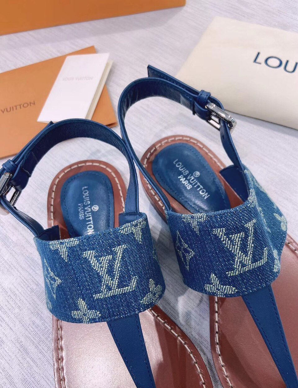 Louis Vuitton Starboard Flat Thong Sandal Monogram Denim Blue For Women LV 1A7RDP