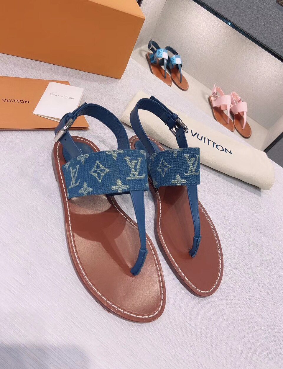 Louis Vuitton Starboard Flat Thong Sandal Monogram Denim Blue For Women LV 1A7RDP