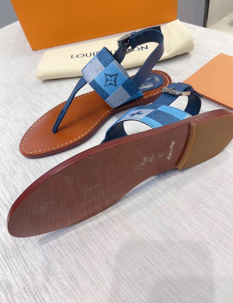 Louis Vuitton Starboard Flat Thong Sandal Monogram Denim Blue For Women LV