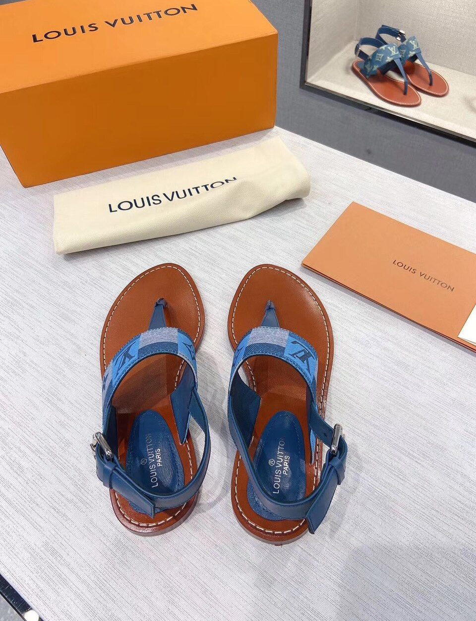 Louis Vuitton Starboard Flat Thong Sandal Monogram Denim Blue For Women LV