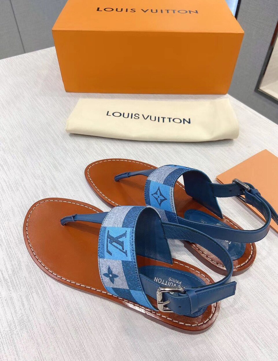 Louis Vuitton Starboard Flat Thong Sandal Monogram Denim Blue For Women LV